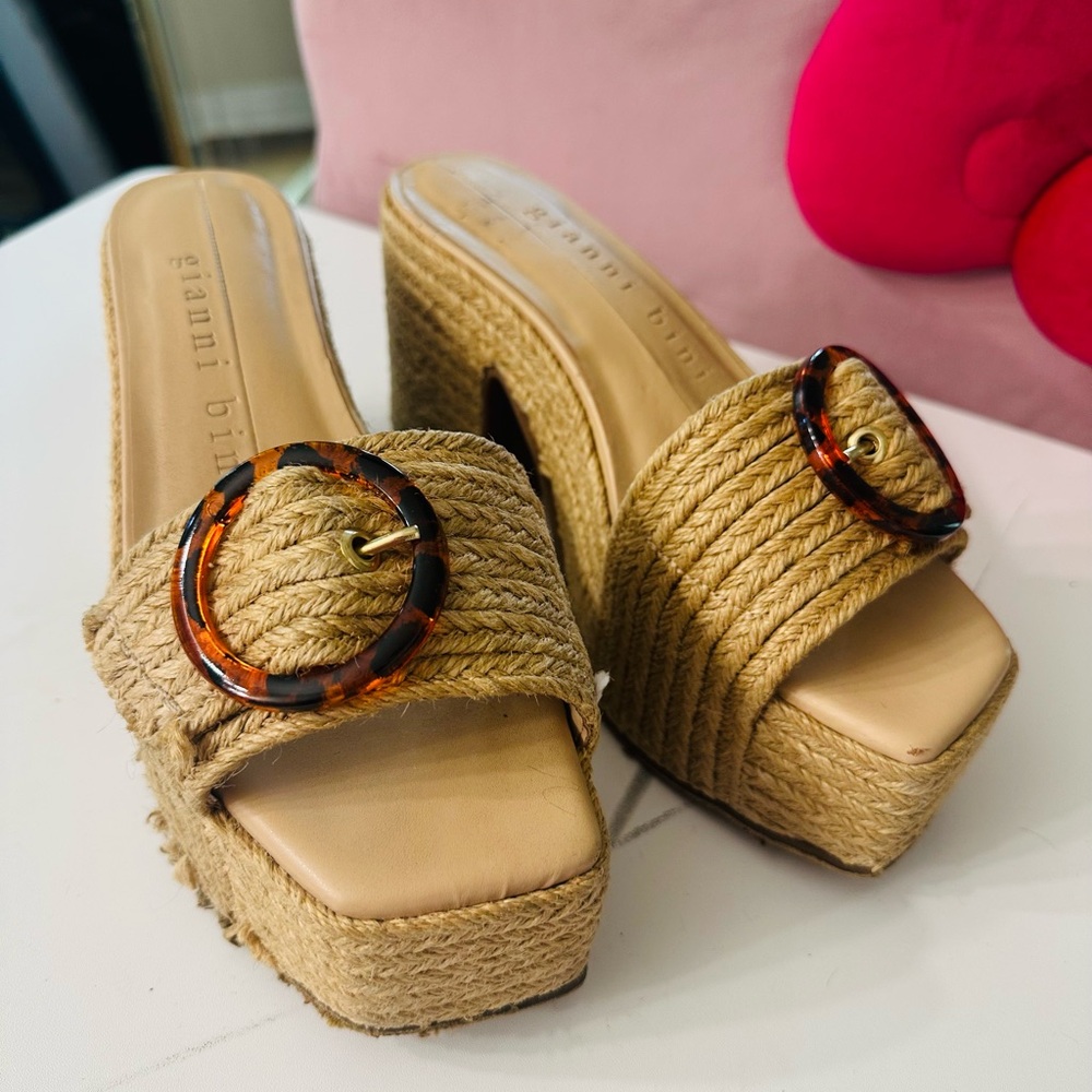 Gianni Bini Natural Braided Espadrille Platform Mules with Tortoiseshell Buckles